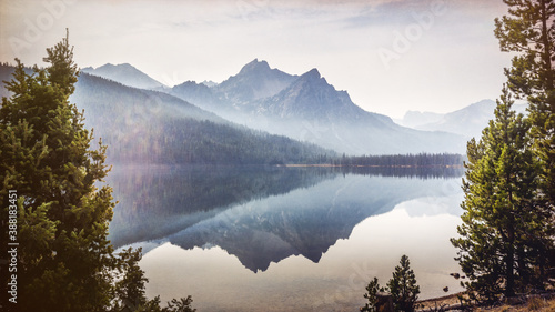 Mountain reflection on the lake in Stanley, Idaho.