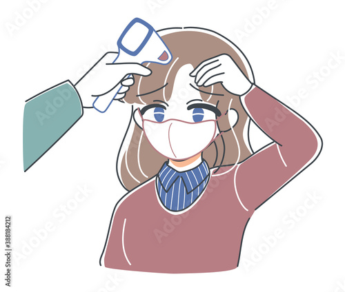 ベクター・検温してもらうお姉さんのイラスト・入り口で熱を測る・非接触体温計・困り顔マスク着用