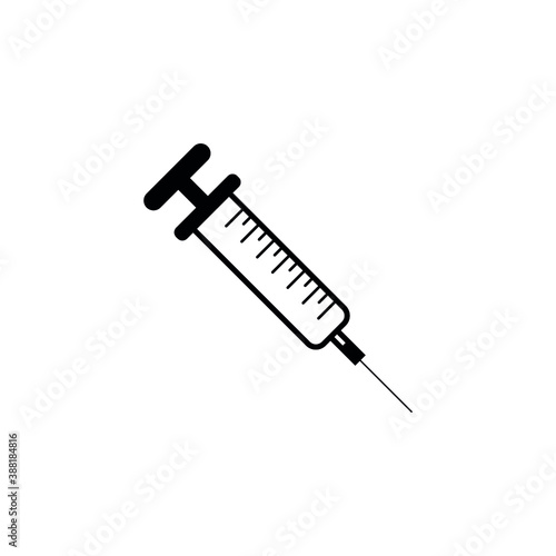 Plastic medical syringe icon with needle in injection vaccination flat style, concept isolated vector illustration.