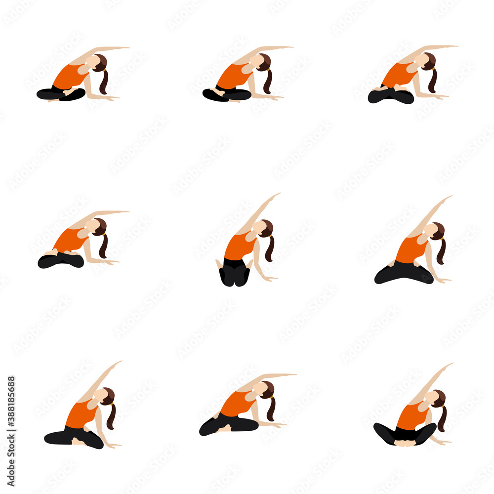 Seated side stretch yoga asanas set / Illustration stylized woman practicing butterfly, lotus and other poses with side bend
