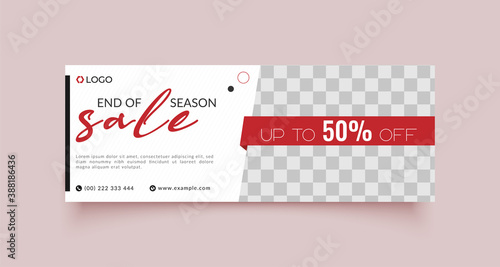 seasonal sale web ad banner template with photo place modern layout white background and red shape and text design