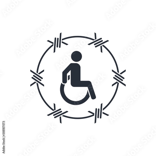 A disabled person in a closed social space. Limitation of opportunities. Vector icon isolated on white background.