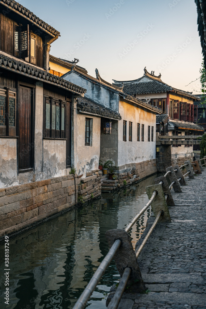 The sunrise view of the architectures and rivers in Zhouzhuang, a ancient Chinese village in Jiangsu, China.