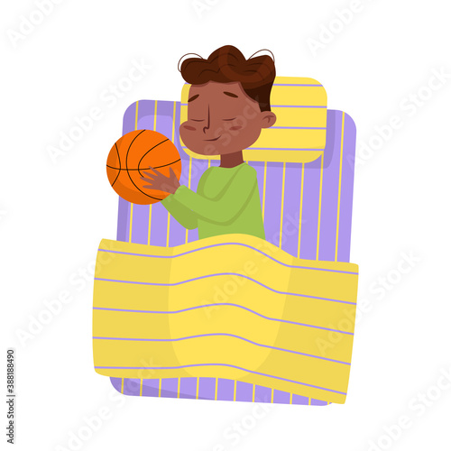 Cute African American Little Boy Sleeping Sweetly in his Bed with Basketball Ball, Bedtime, Sweet Dreams of Adorable Kid Concept Cartoon Style Vector Illustration