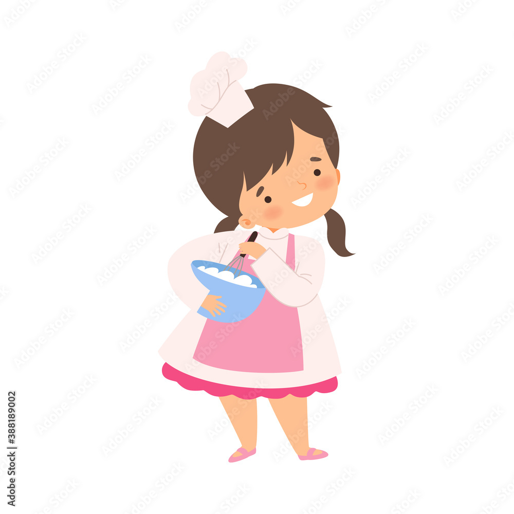 Cute Girl Holding Bowl and Whisk, Cute Little Chef Character in Uniform Cooking in the Kitchen Cartoon Style Vector Illustration Cute Girl Holding Bowl and Whisk, Cute Little Chef Character in Uniform Cooking in the Kitchen Cartoon Style Vector Illustration
