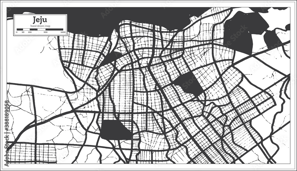 Jeju South Korea City Map in Black and White Color in Retro Style. Outline Map.