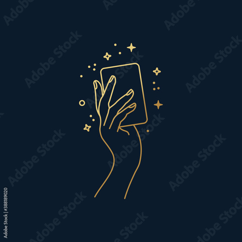 Hand holding a magical card vector line art