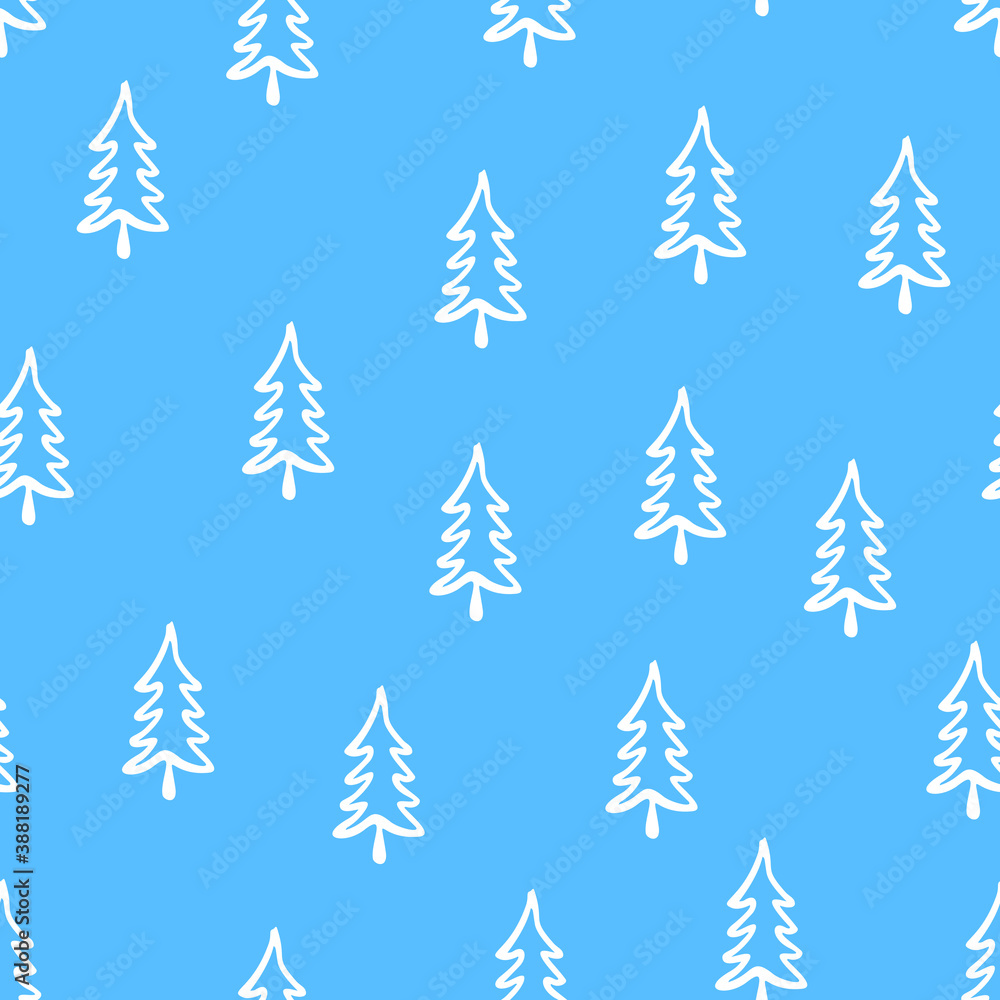 Obraz premium Christmas tree seamless pattern. Hand drawn doodle forest background. Retro holiday wraping paper. Vector monochrome pattern.