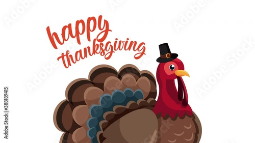 happy thanksgiving day animation lettering with turkey