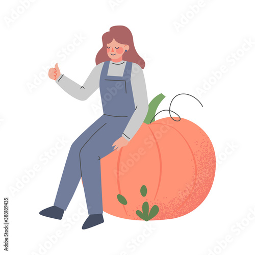 Woman Farmer Sitting on Huge Pumpkin, Female Agricultural Worker Character in Overalls Working on Farm, Eco Farming Concept Cartoon Style Vector Illustration