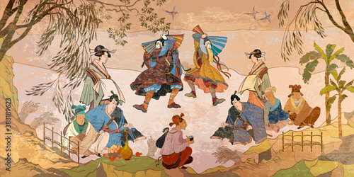 Tradition and culture of Asia. Classic wall drawing. Murals and watercolor asian style. Ancient China and Japan. Oriental people. Tea ceremony. Traditional Chinese paintings