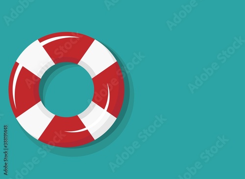 swimming rubber ring on blue background. Floating lifebuoy, toy for beach or ship.