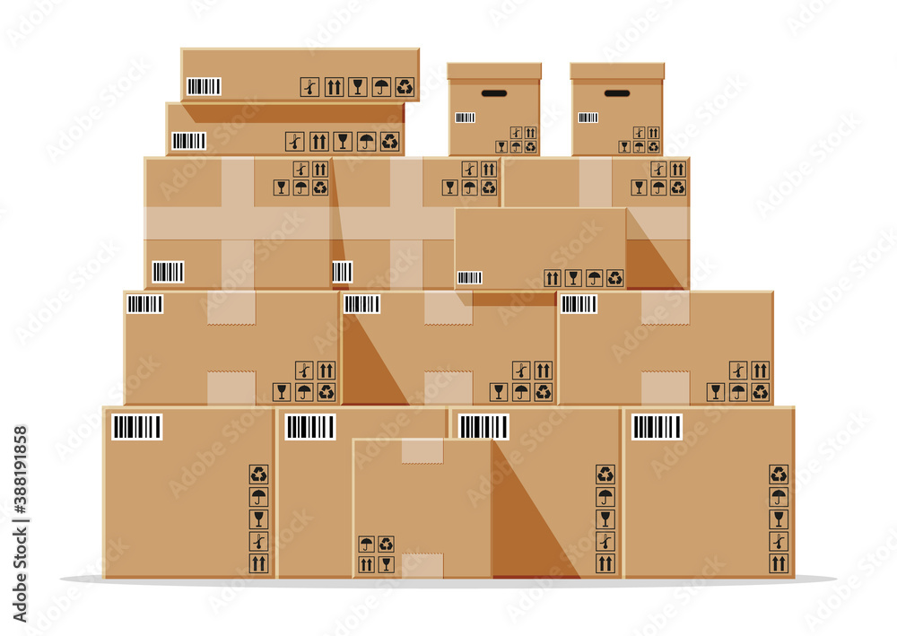 Cardboard boxes pile isolated on white. Carton delivery packaging closed, sealed, cubic, big and small box with fragile signs. Vector illustration in flat style Cardboard boxes pile isolated on white. Carton delivery packaging closed, sealed, cubic, big and small box with fragile signs. Vector illustration in flat style
