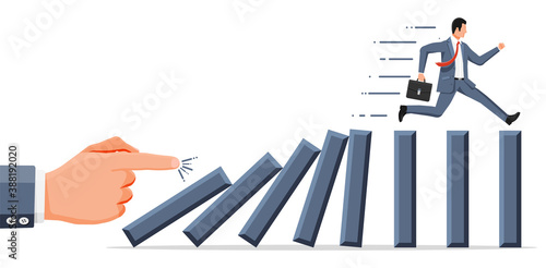 Businessman running away from falling domino. Domino chain reaction effect in business. Crisis management, finance intervention, tax, debt, fee and bankruptcy. Vector illustration in flat style