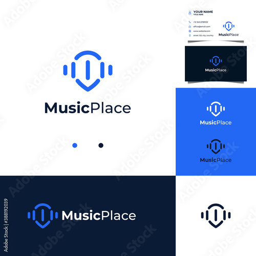Wave music logo design with pin location concept and business card template