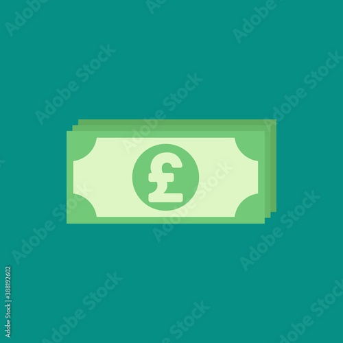 Green bank notes with pound sterling sign. Flat icon isolated on blue. Money pictogram.