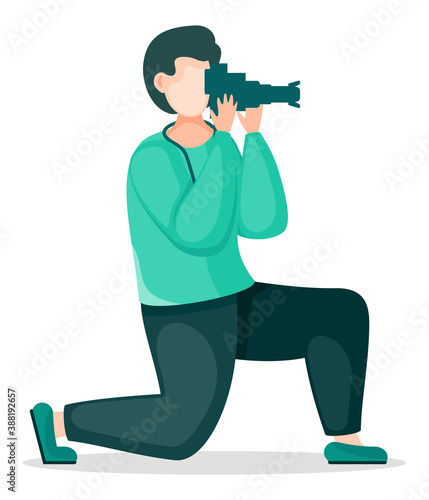 Amateur photographer taking photo with reflex camera. Stylish man using professional equipment. Photographer shooting standing at knee for best photo. Cartoon character isolated at white background