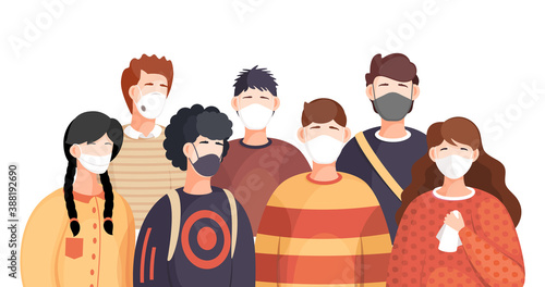 Covid-19, crowd of people in respiratory medical mask. Coronavirus epidemic in USA. Spreading virus in air. Coronavirus spreading. Girl and guy in center of epidemy. Protected with immune system