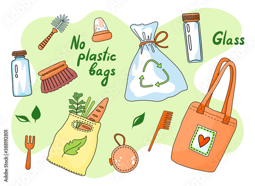 Set of zero waste eco items, glass, wood, bamboo, string mesh cotton bag, heart logo, recycling sign, grocery bags, fast decomposing plastic, plastic free, green life, ecology lifestyle, eco friendly