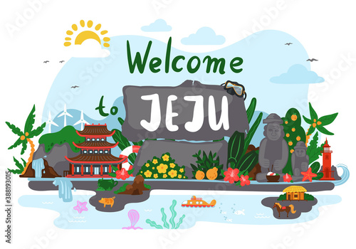 Welcome to Jeju island. Jeju tourist attractions such as hallim park, tourism diving, udo island lighthouse park, dolharubang, thatched house, dive tour. Jeju island in South Korea. Vector flat