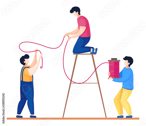 Sewing workshop and atelier worker concept. Tailors or dressmakers are holding thread . Textile clothing manufacturing, custom clothing. Creative atelier. Fashion cartoon flat vector illustration