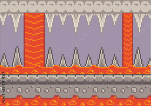 Pixel art game background with rocks and lava. Cave game scene with concrete plarforms, dungeon with flowing lava river of fire and stalactites. Pixel style subterranean landscape vector illustration