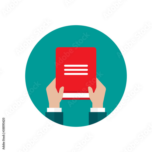 Businessman hands hold red open book in blue circle. Flat reading icon.
