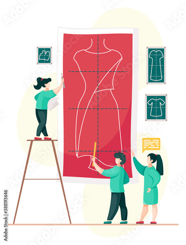 Vector flat illustration of group seamstress near big paper with dress pattern. Creative designers look at model of future dress. Sewing workshop. Woman talking, dialogue cloud. Man with ruler