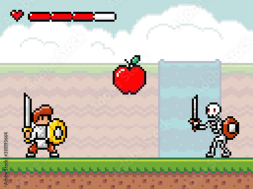 Pixel art style, characters in game arcade play vector illustration. Game scene with a knight with a sword and shield and a skeleton with weapons, retro gaming mode. Hero bravely fights with monster