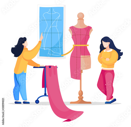 Vector flat illustration of two seamstress working in atelier sewing stylish dress. Creative designers look at model of future dress on mannequin. Sewing workshop. Cartoon characters isolated at white