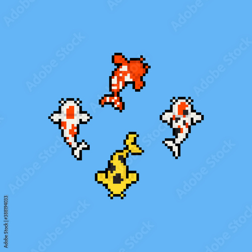 Pixel art cartoon carp icon design set.