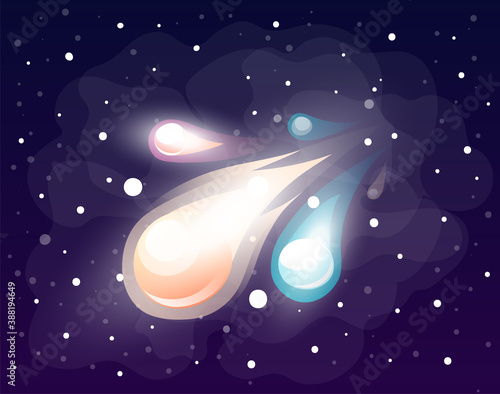 Space meteorite or comet in space. Concept of space icon for computer game. Space elements. Galaxy theme. Flying fire in galaxy, bright group of flashes. Vector illustration in cartoon style