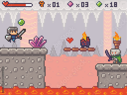 Pixel art character in game arcade play. Man with sharp sword and shield fighting against monster aliens, retro gaming mode. Pixelated game scene with concrete platform, lava river in underground cave