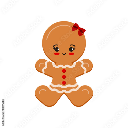 Gingerbread man girl christmas cookie icon isolated on white background. Cute xmas ginger bread vector flat design illustration. Cartoon biscuit dessert with decotarion - happy holiday winter treat. photo