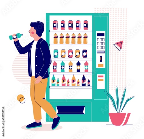 Young man drinking water he has bought from drink vending machine, flat vector illustration. Beverage vending machine with cold soft drinks in cans and bottles.