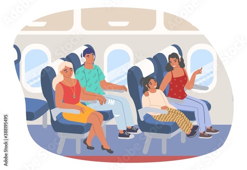 Passengers traveling by plane, flat vector illustration. Tourists, happy couple, mother with daughter sitting in comfortable seats inside aircraft. Airplane interior. Air travel.