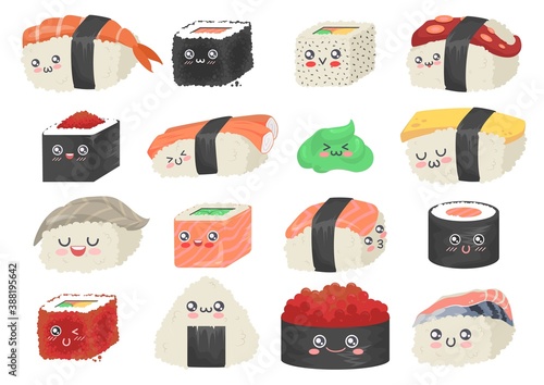 Sushi, sashimi and rolls, cute and funny cartoon character set, flat vector isolated illustration. Traditional japanese food made of rice and seafood.