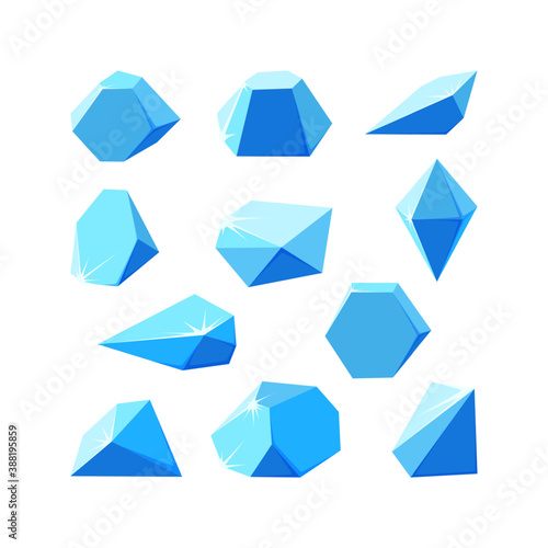 Ice crystals broken into pieces. Set of smashed blue crystals. Broken gemstones made of ice. Vector illustration in cartoon style