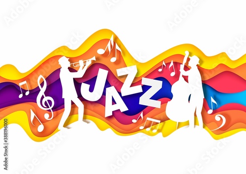 Paper cut musicians silhouettes playing trumpet and double bass, music notes. Vector illustration in paper art style. Jazz festival, night blues party, jazz music concert.