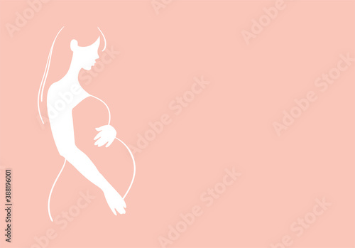 Pregnancy and motherhood, line drawing, sketch, logo, symbol. Pregnant woman, white logo on a pink background. Template for design with copy space. Isolated vector illustration.