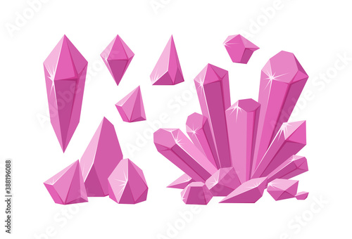 Crystals and pink gemstones. Set of pink stalagmite and smashed crystals. Amethyst gems of various shapes. Vector illustration in cartoon style