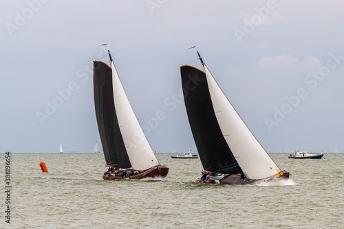 Traditional Frisian wooden sailing ships in a yearly competition on the IJsselmeer, The Netherlands