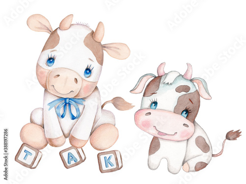 Cute cartoon cow (bull, calf), adorable symbol of New Year 2021. Watercolor hand drawn art, illustration, icon, print. Isolated on white background. © Yelena