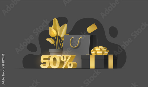 Special offer fifty percent discount. Set of realistic 3D objects for sale banner, shop, flyer, social media, website. Vector illustration with plant, shopping bag, price tag, gift box, gold ribbon.