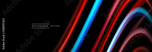 Dynamic motion abstract background. Color blurred stripes on black. Wave liquid lines poster. Vector illustration
