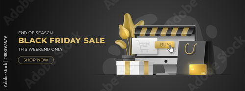 Website slider for BLACK FRIDAY sale with copy space. Monoblock, gold card, shopping bag, gift box on isolated background. Vector template for banner, mobile, social media, ad, discount store, shop.