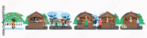 Christmas and New Year fair set, flat vector illustration. Happy people drinking mulled wine, buying Christmas gifts.