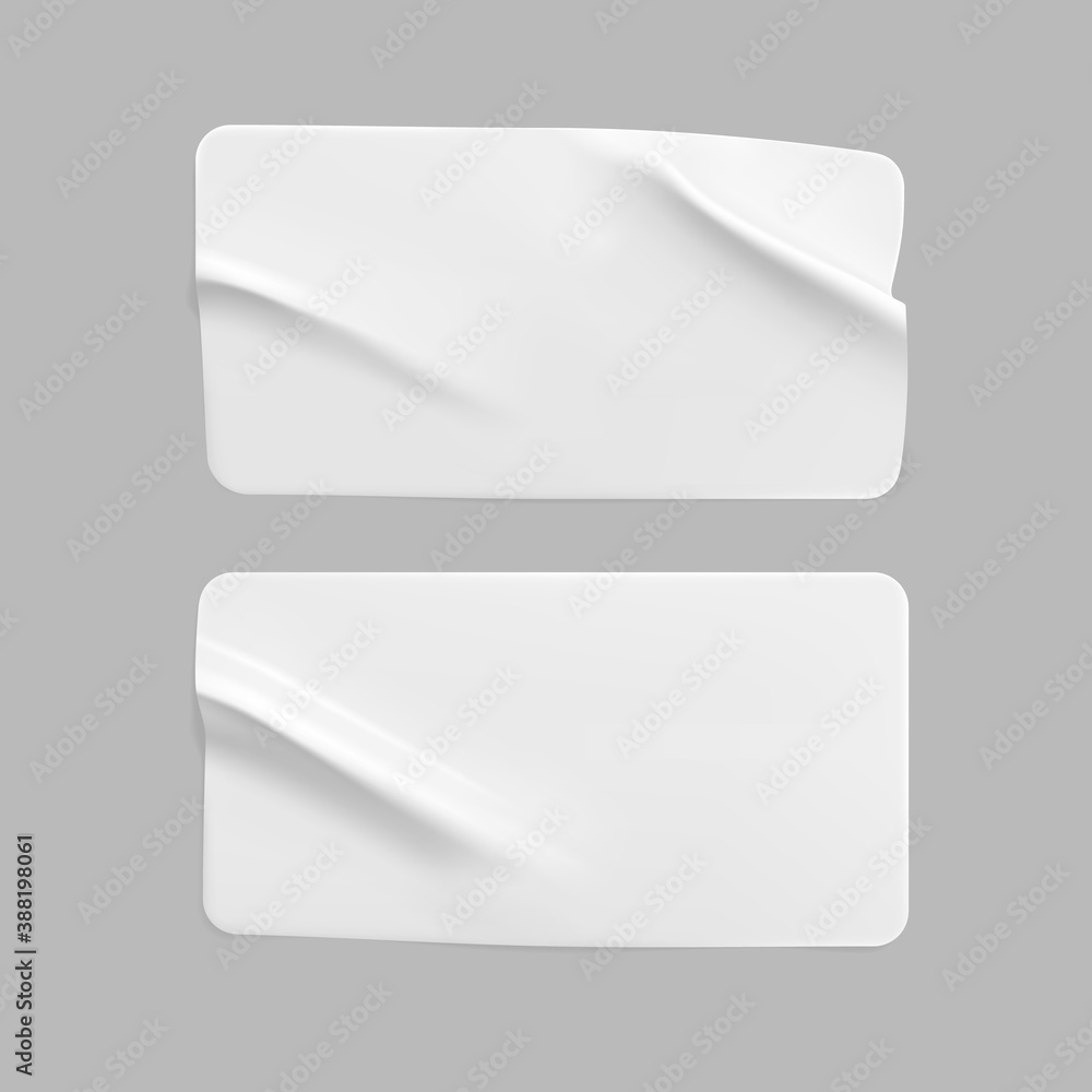 White glued crumpled rectangle stickers mock up set. Blank white adhesive paper or plastic sticker label with wrinkled and creased effect. Template label tags close up. 3d realistic vector White glued crumpled rectangle stickers mock up set. Blank white adhesive paper or plastic sticker label with wrinkled and creased effect. Template label tags close up. 3d realistic vector
