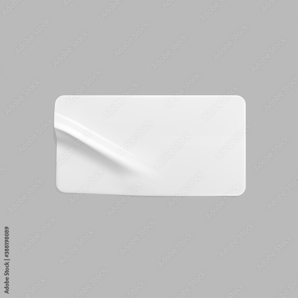 White glued crumpled rectangle sticker mock up. Blank white adhesive paper or plastic sticker label with wrinkled and creased effect. Template label tag close up. 3d realistic vector White glued crumpled rectangle sticker mock up. Blank white adhesive paper or plastic sticker label with wrinkled and creased effect. Template label tag close up. 3d realistic vector