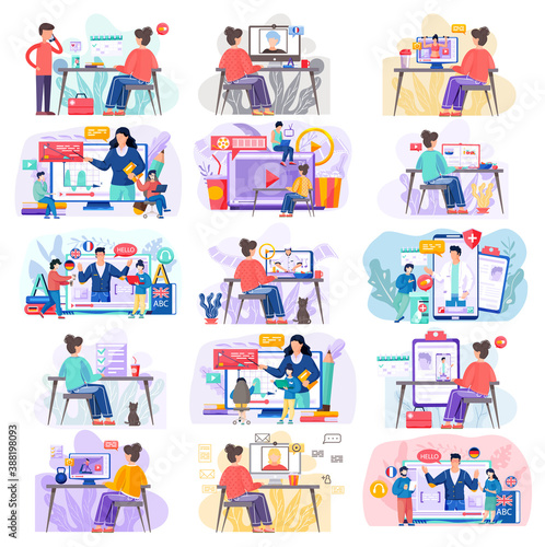 Online learning, video blog about cooking, medicine, learning foreign languages, mathematics and sport. People study remotely. Woman and man with laptop watching a video lesson on various topics